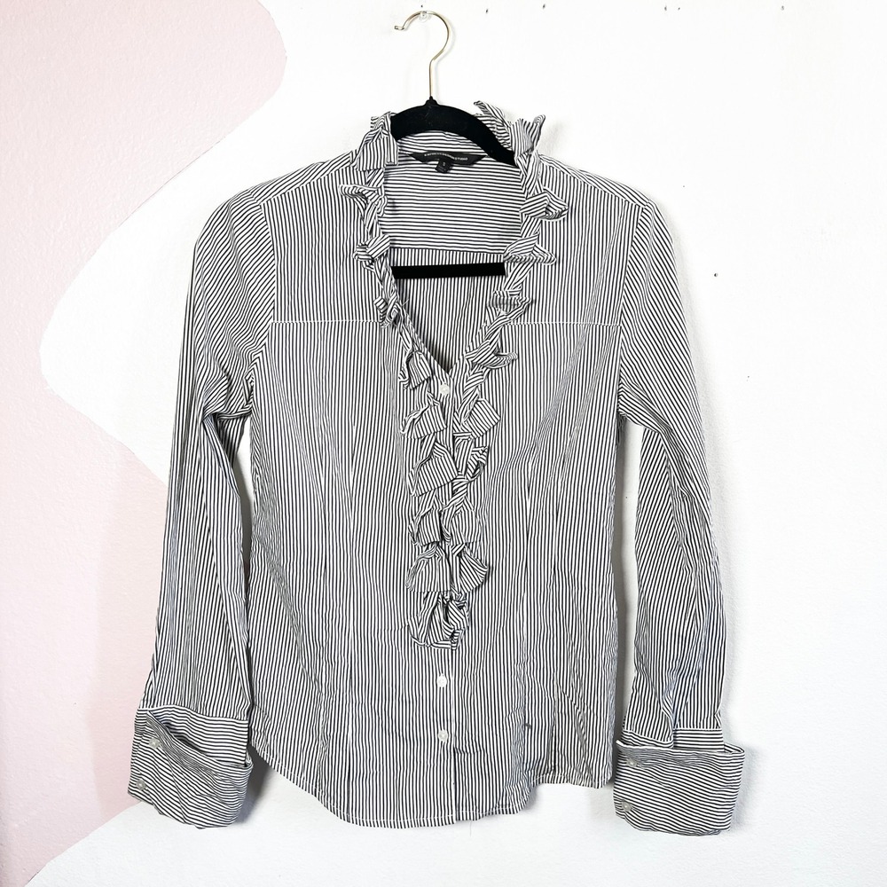Vintage 2000s‎ Express Ruffle Front Button Shirt Sz Small Stripe Career Top